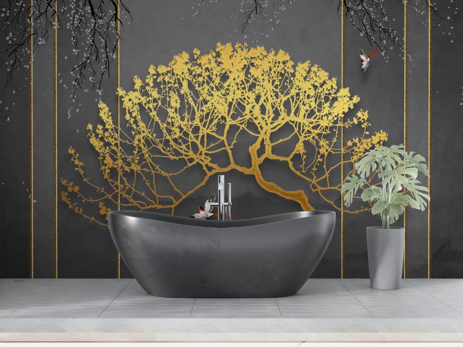 Fototapet silueta unui copac bonsai strălucind în aur