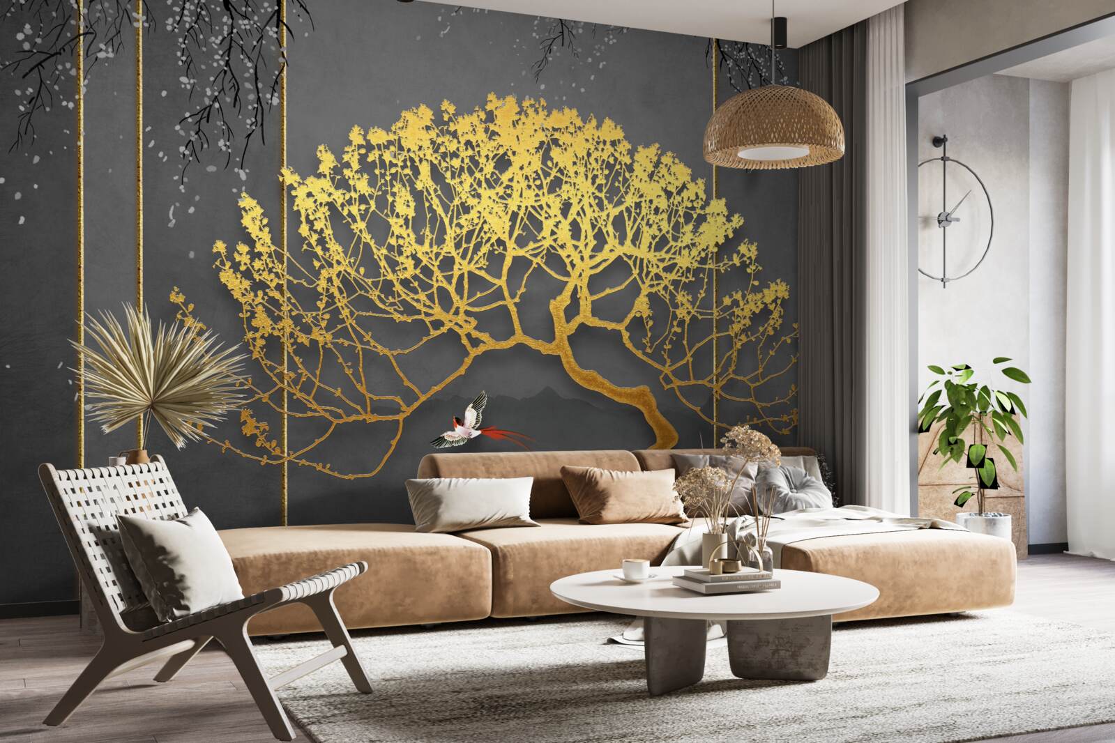 Fototapet silueta unui copac bonsai strălucind în aur