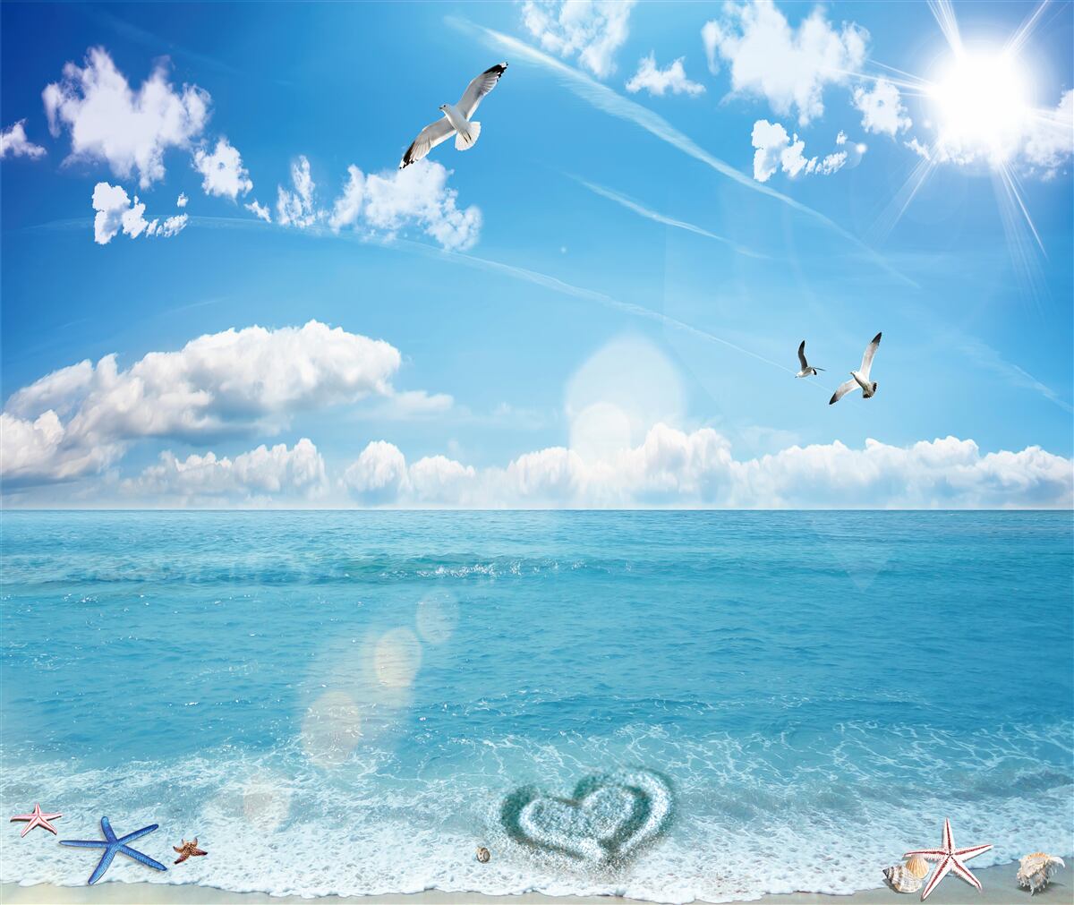 Fototapet pescăruși pe valuri albastre