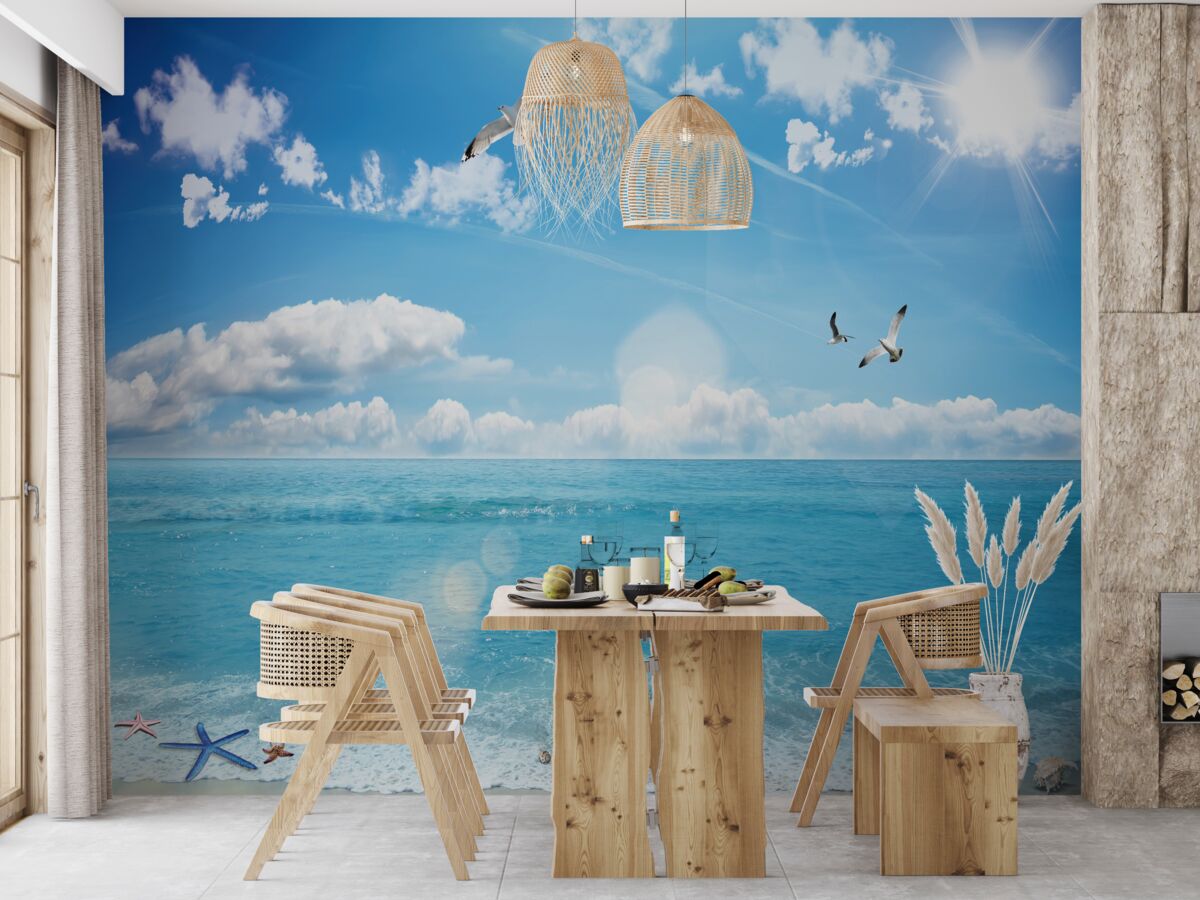 Fototapet pescăruși pe valuri albastre