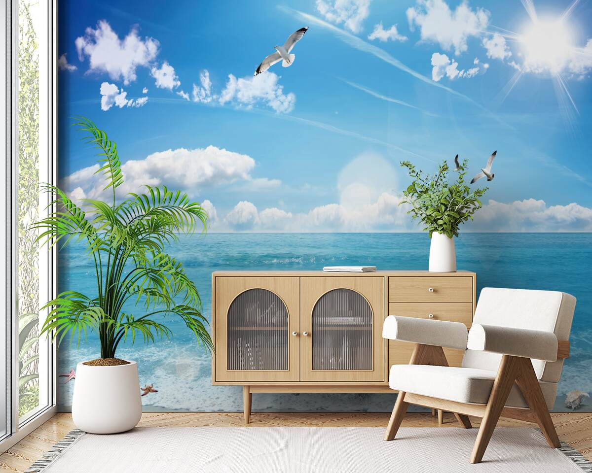 Fototapet pescăruși pe valuri albastre