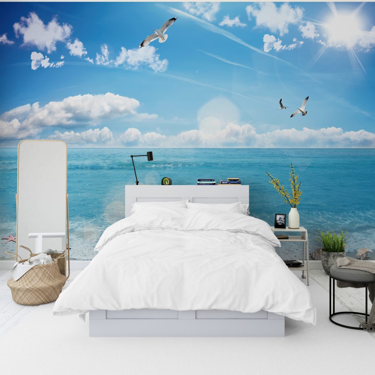 Fototapet pescăruși pe valuri albastre