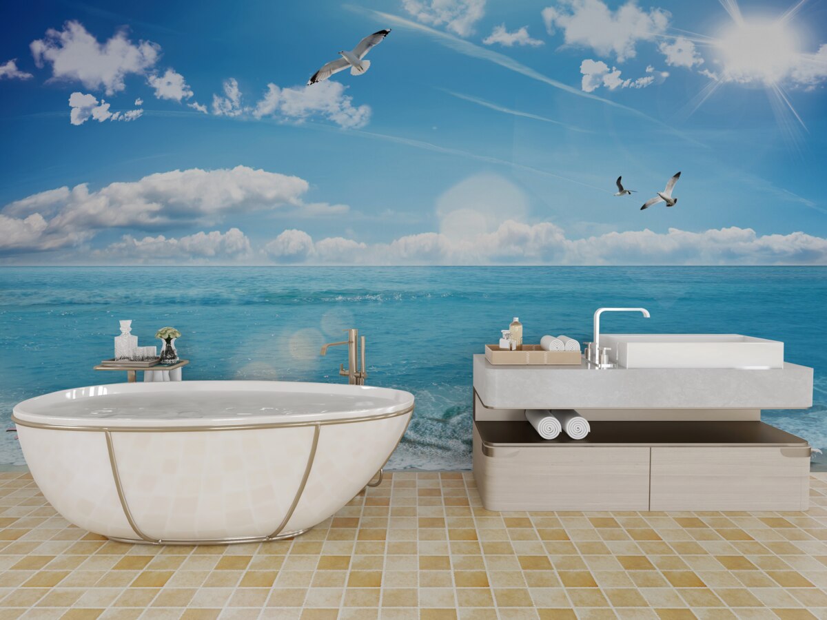 Fototapet pescăruși pe valuri albastre