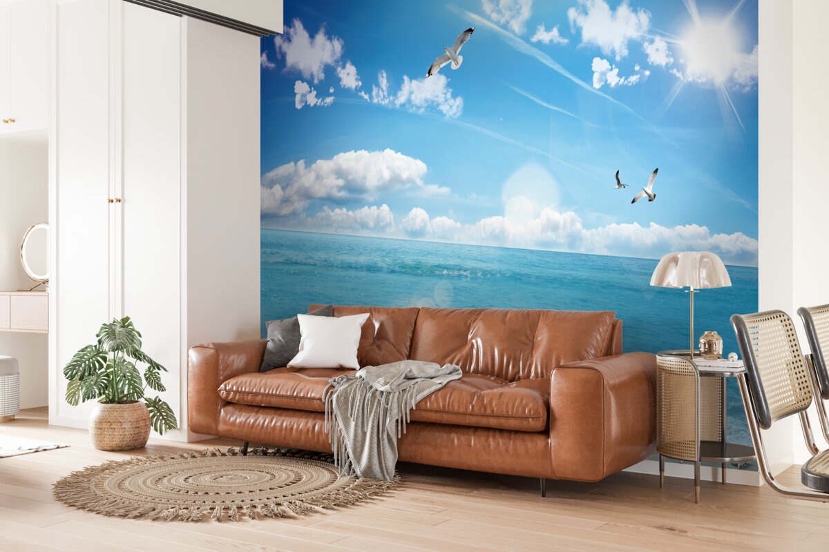 Fototapet pescăruși pe valuri albastre