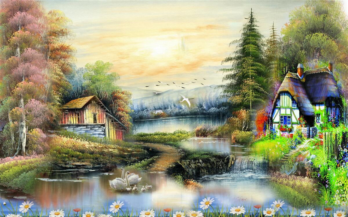 Fototapet casă magică pe malul lacului, înconjurată de pădure