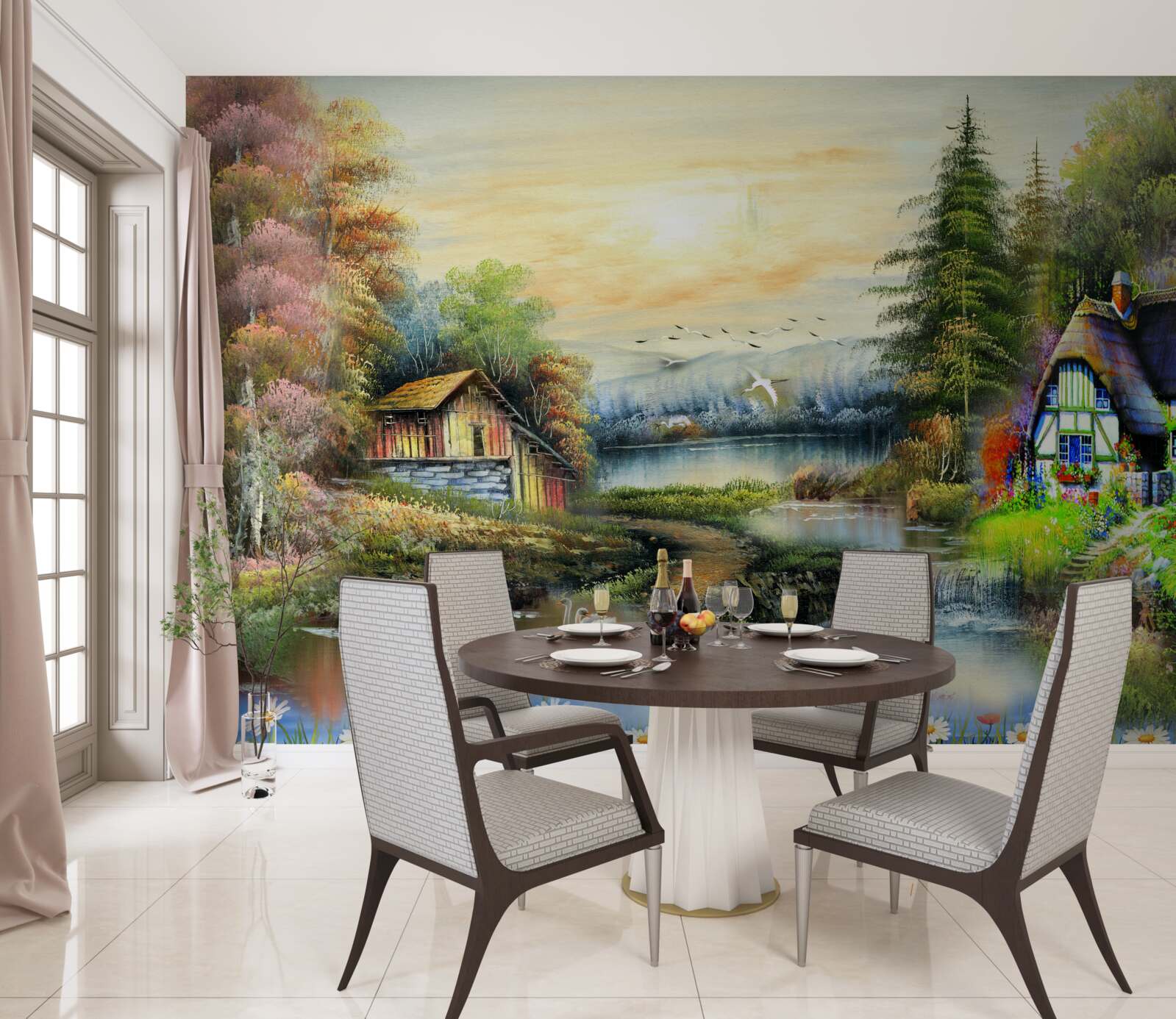 Fototapet casă magică pe malul lacului, înconjurată de pădure