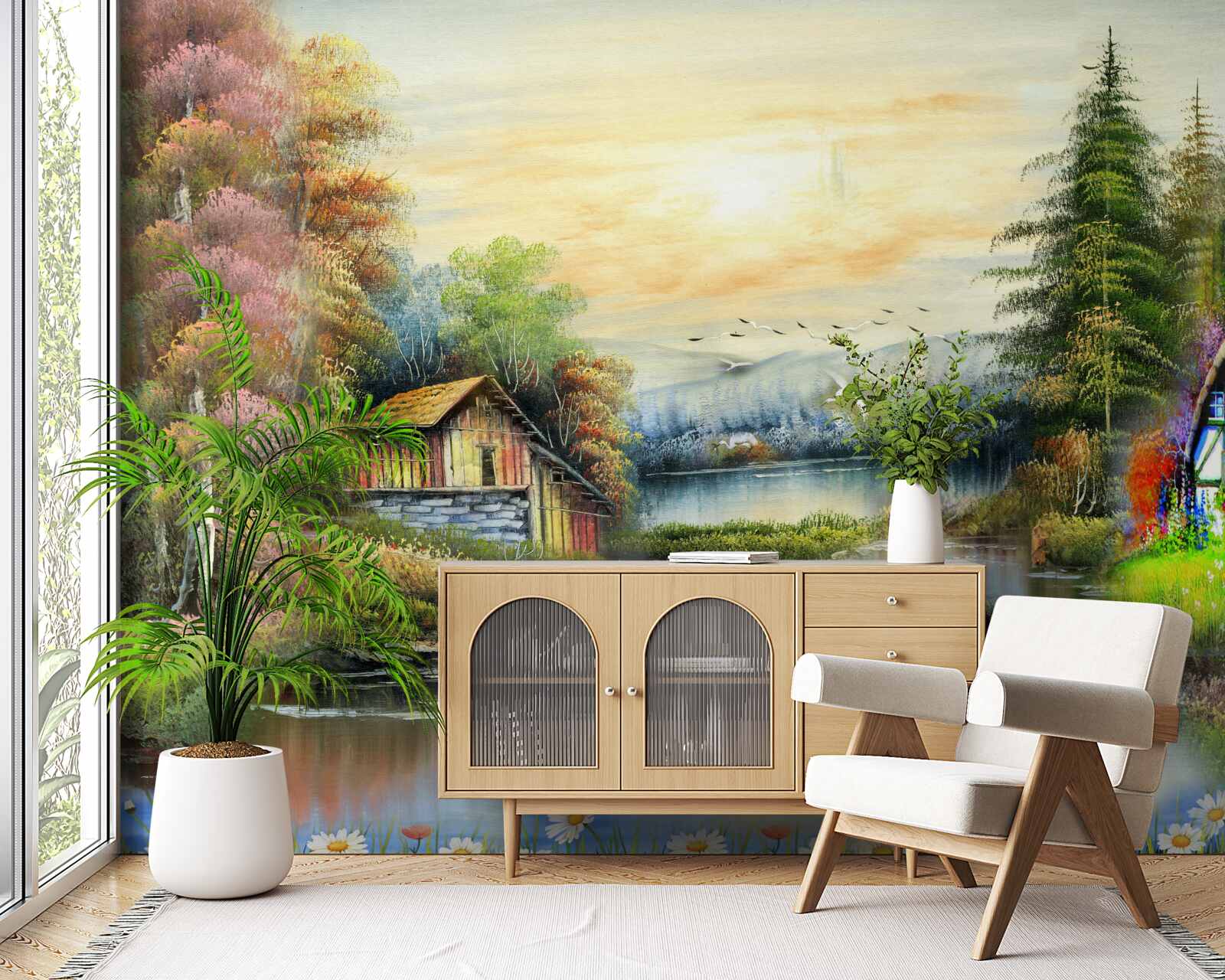 Fototapet casă magică pe malul lacului, înconjurată de pădure