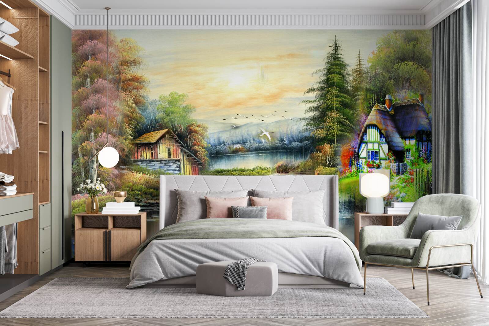 Fototapet casă magică pe malul lacului, înconjurată de pădure