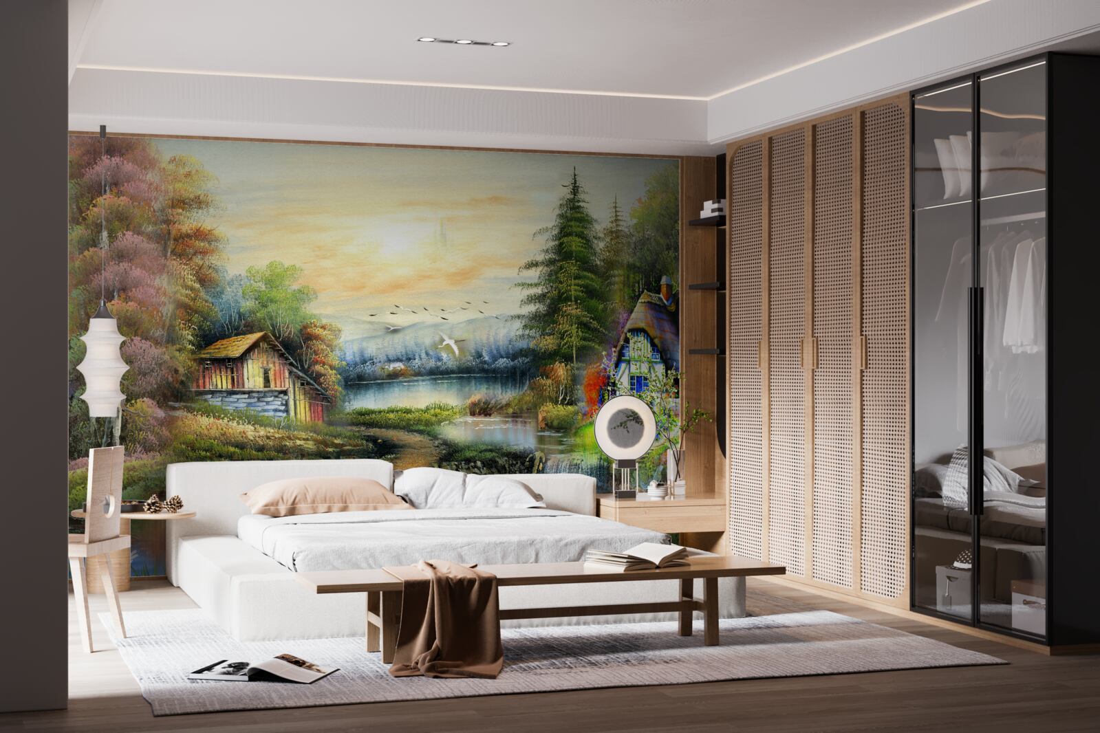 Fototapet casă magică pe malul lacului, înconjurată de pădure