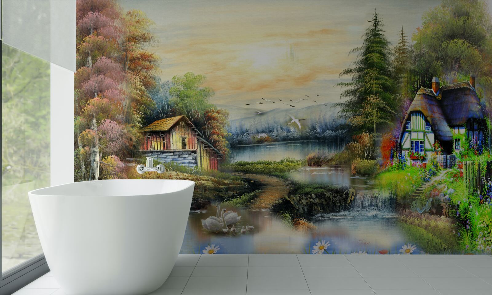 Fototapet casă magică pe malul lacului, înconjurată de pădure