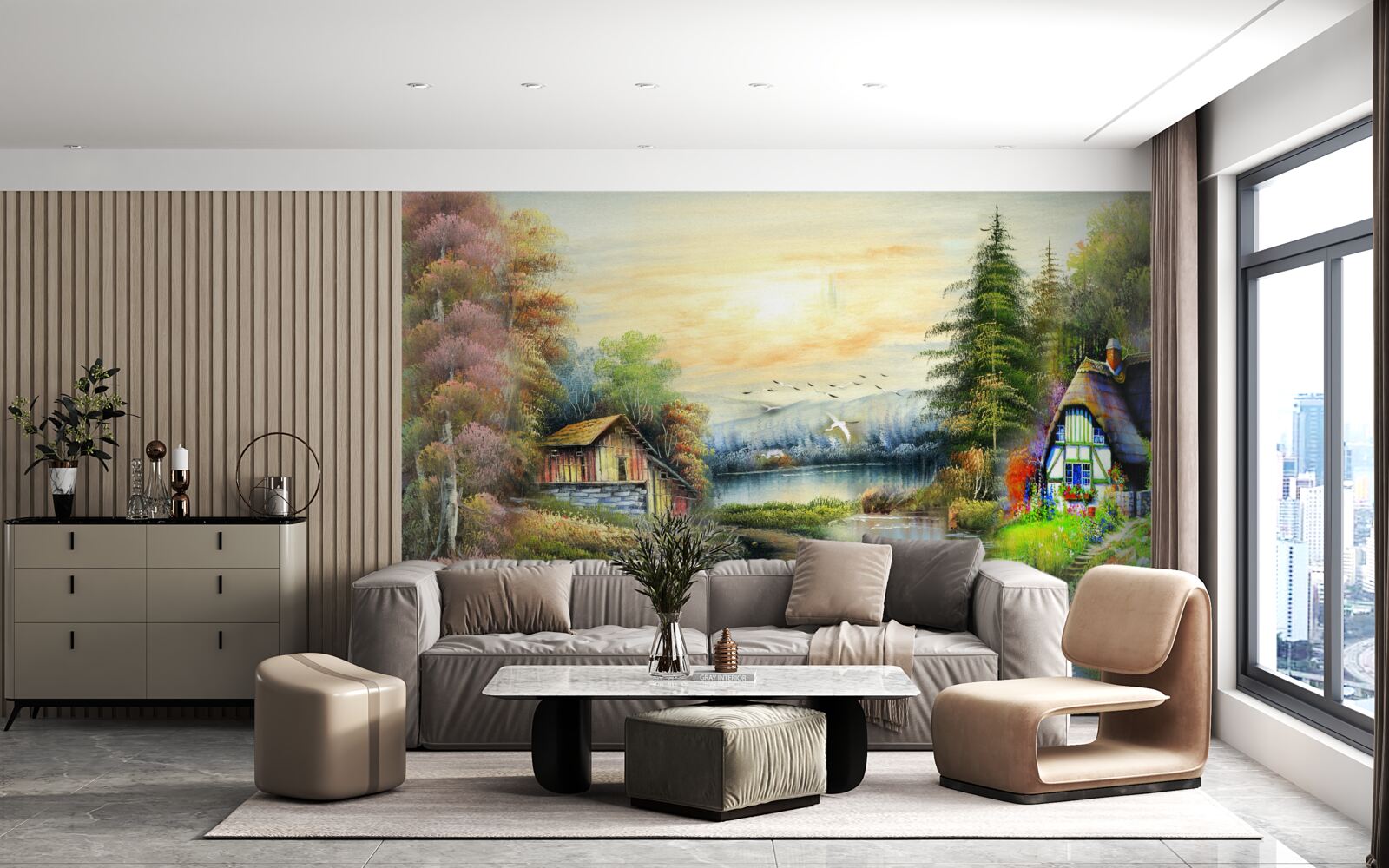 Fototapet casă magică pe malul lacului, înconjurată de pădure