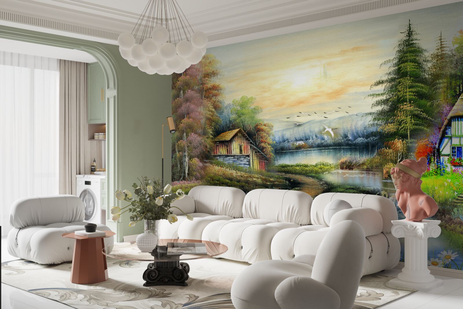 Fototapet casă magică pe malul lacului, înconjurată de pădure