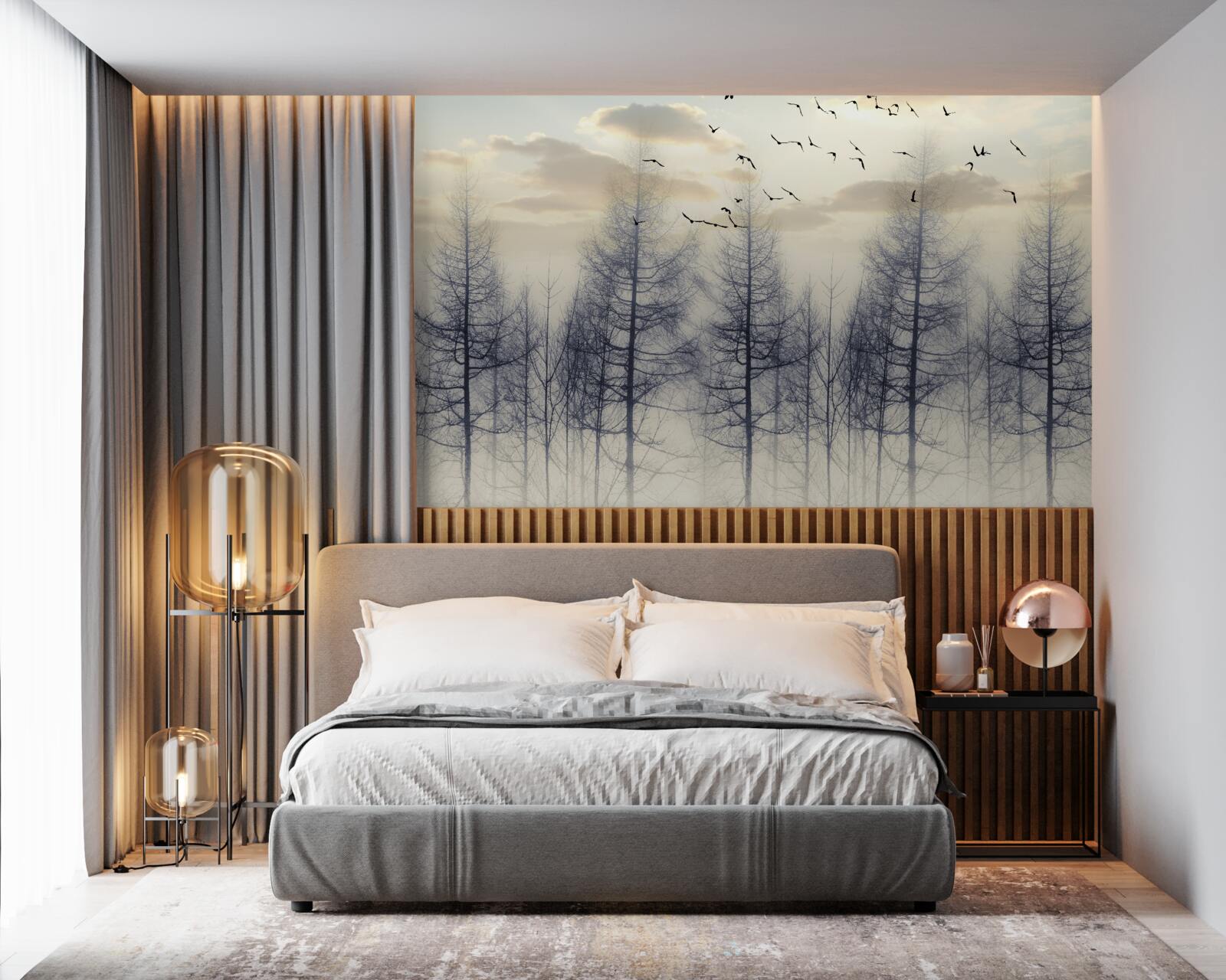 Fototapet zori timpurii în păduri cețoase