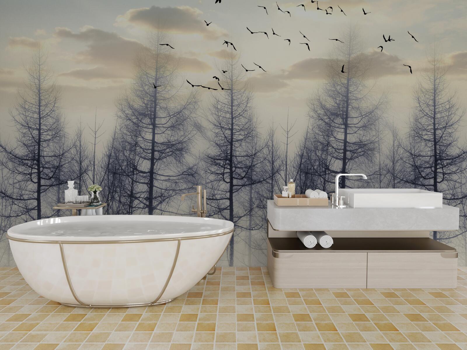 Fototapet zori timpurii în păduri cețoase