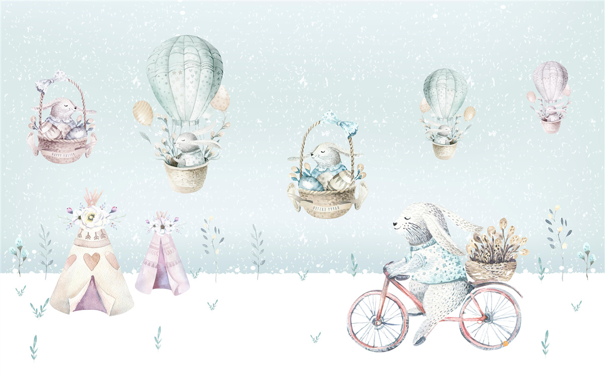 Fototapet iepurașii călăresc baloane și biciclete