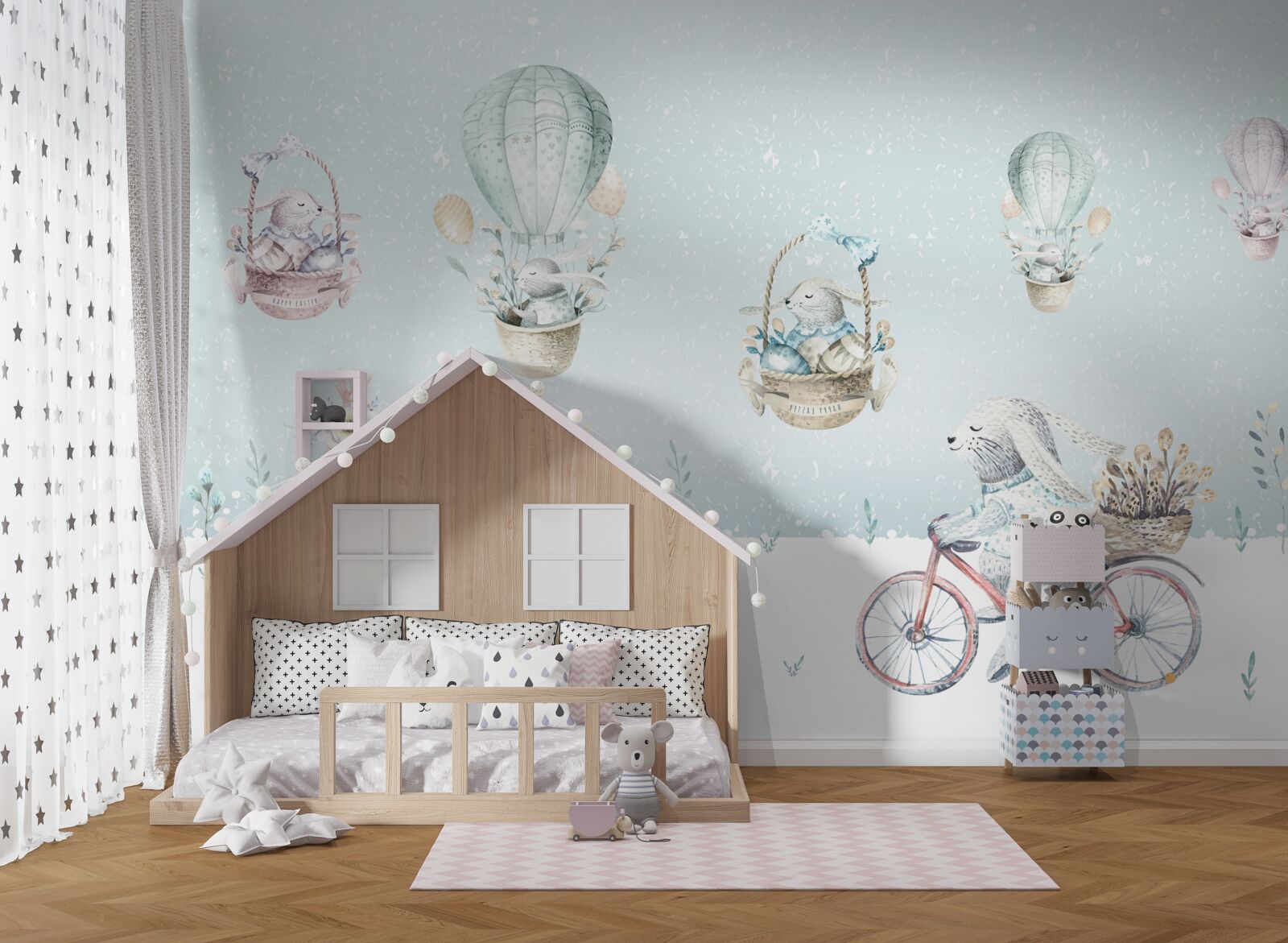 Fototapet iepurașii călăresc baloane și biciclete