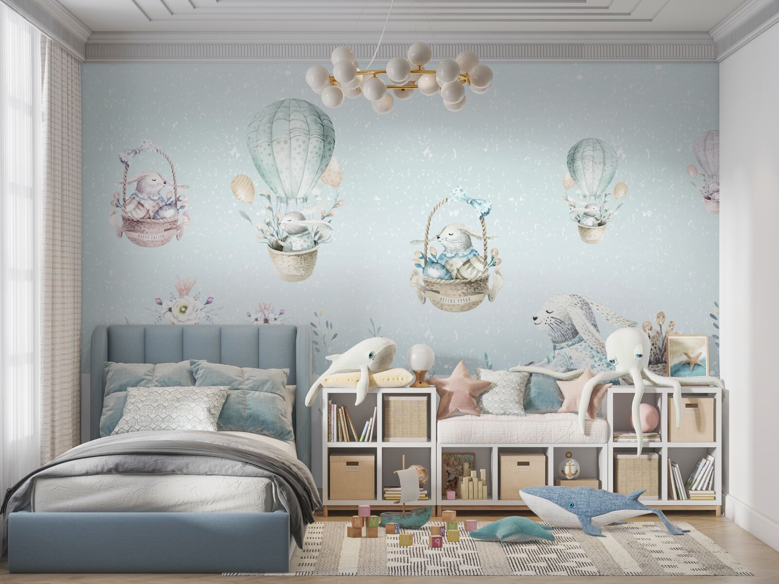 Fototapet iepurașii călăresc baloane și biciclete