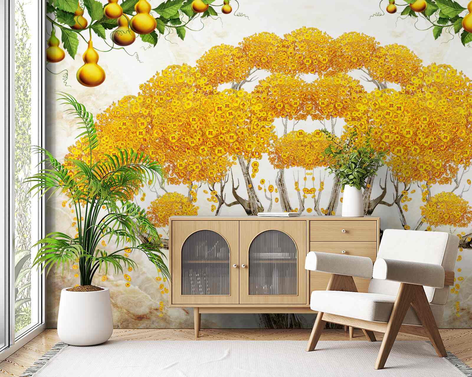 Fototapet la apus, un copac cu coroana galbenă