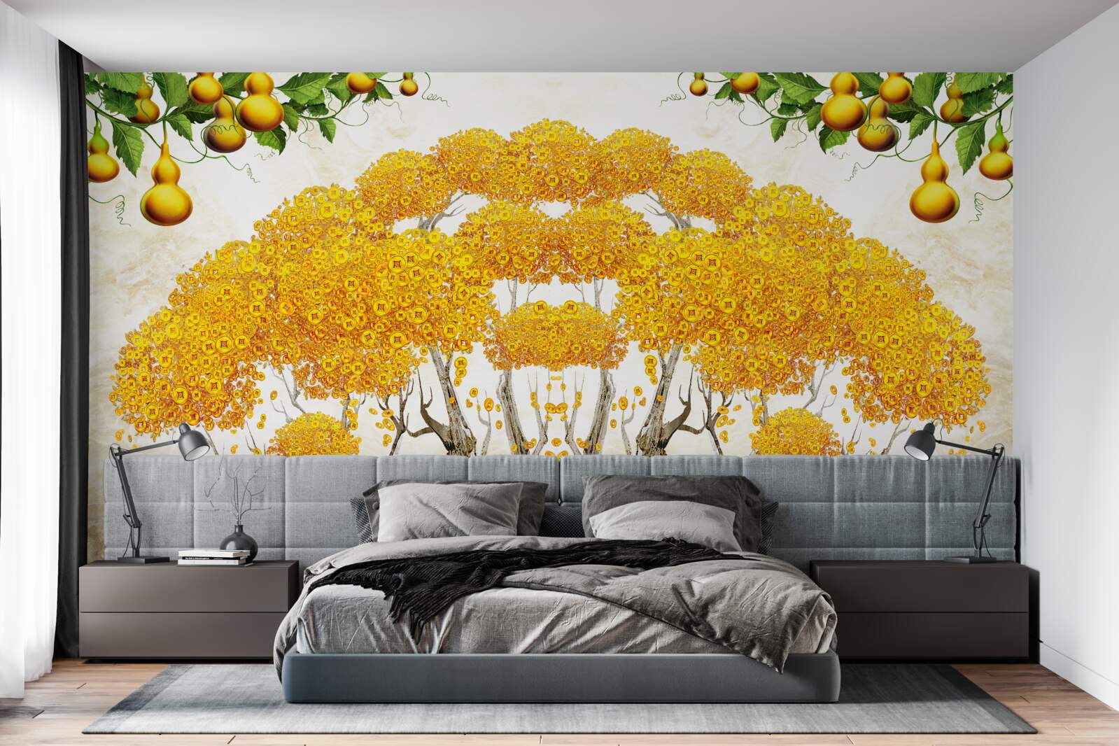 Fototapet la apus, un copac cu coroana galbenă