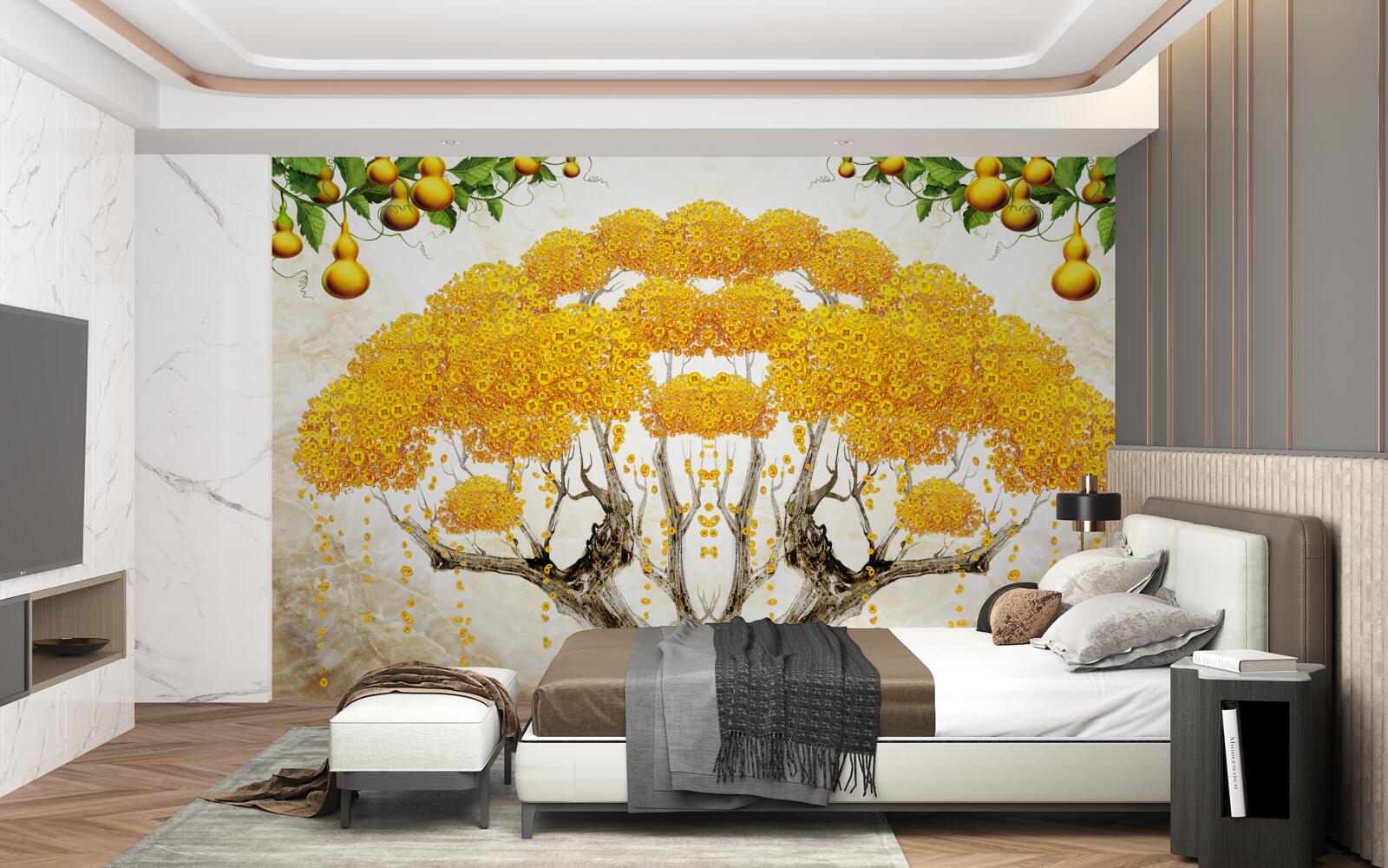 Fototapet la apus, un copac cu coroana galbenă