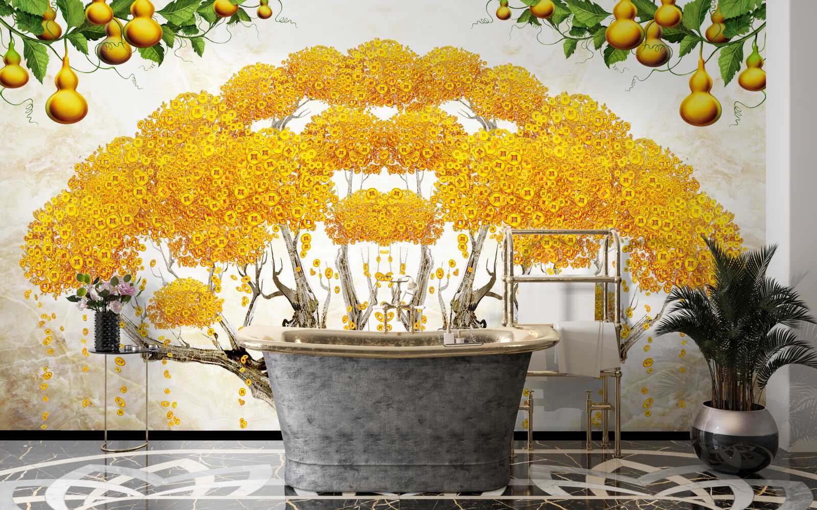 Fototapet la apus, un copac cu coroana galbenă