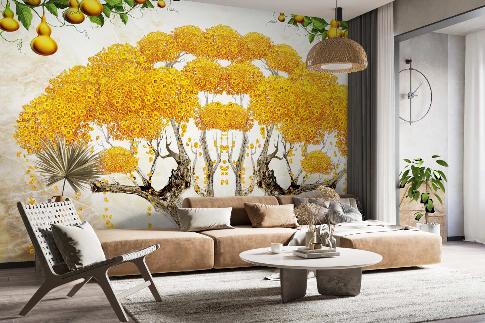 Fototapet la apus, un copac cu coroana galbenă