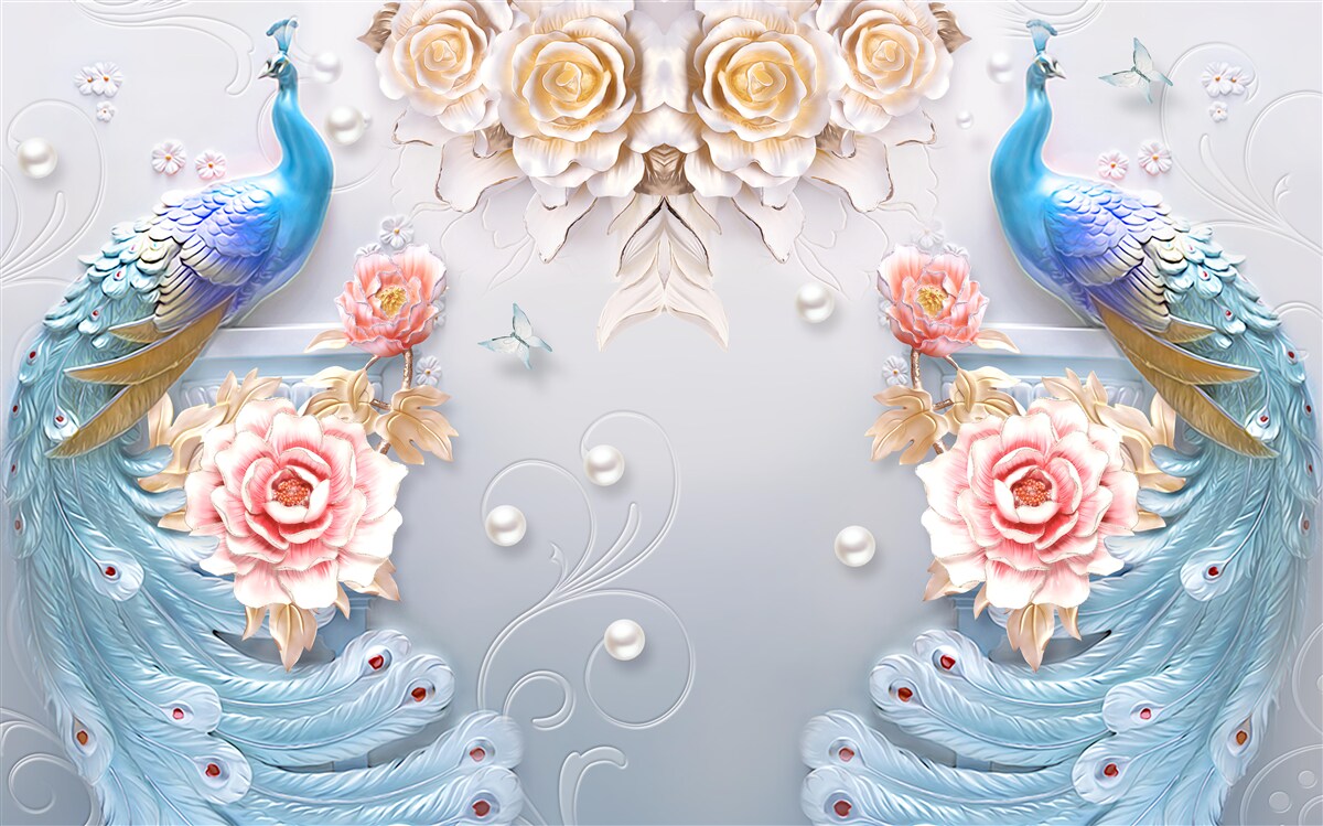 Fototapet păunul și partenerul său cu trandafiri