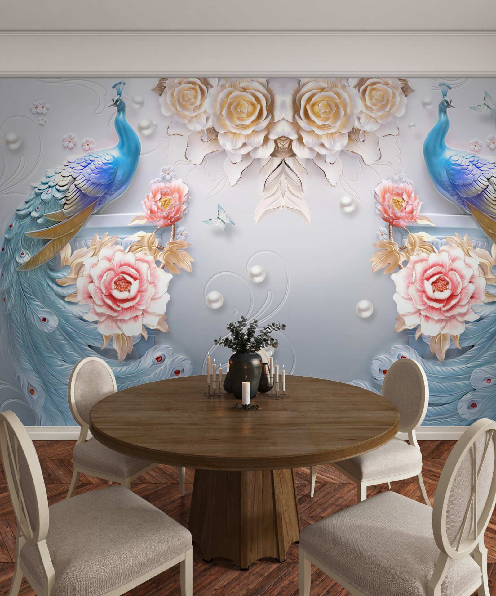 Fototapet păunul și partenerul său cu trandafiri