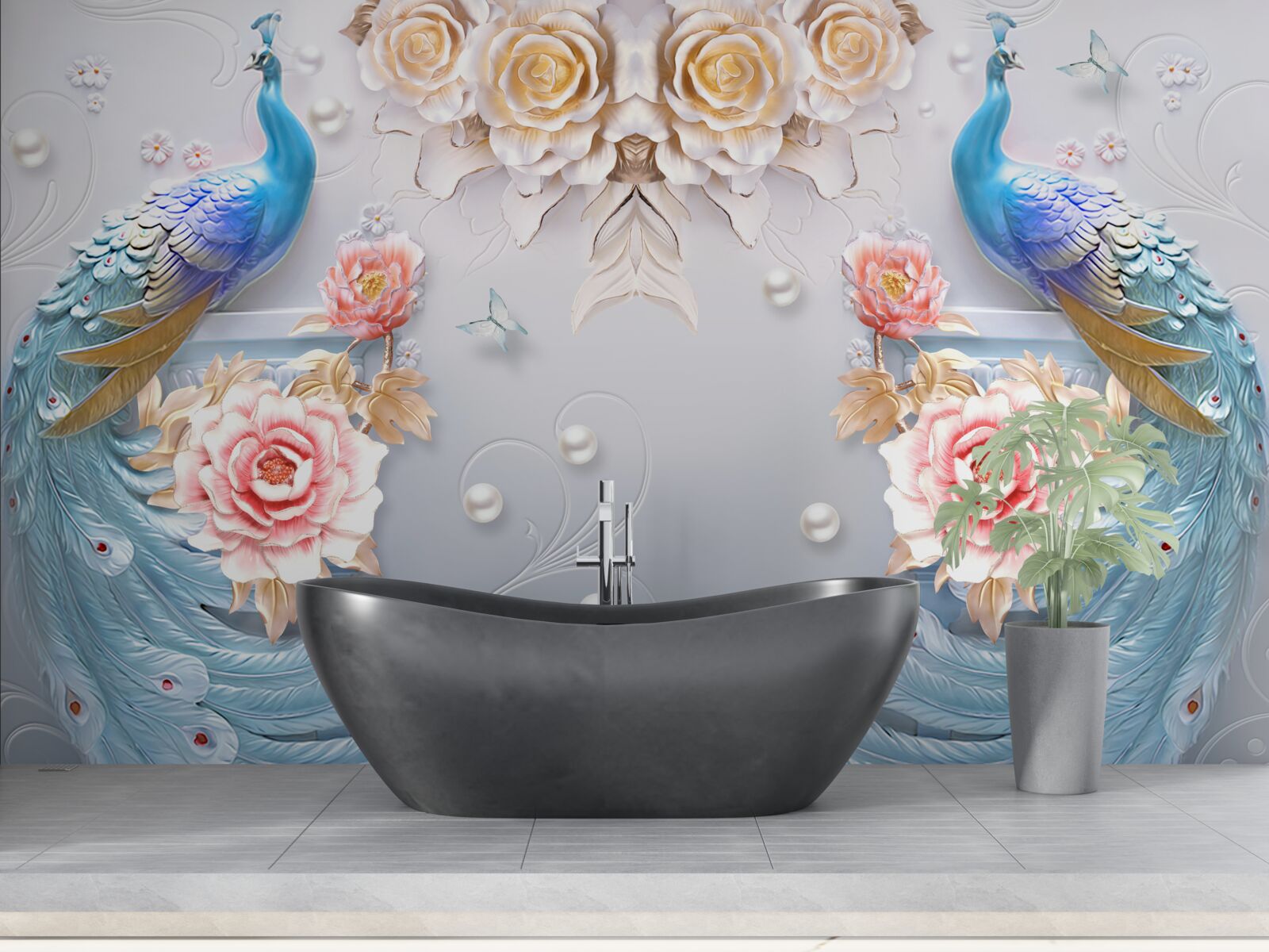 Fototapet păunul și partenerul său cu trandafiri