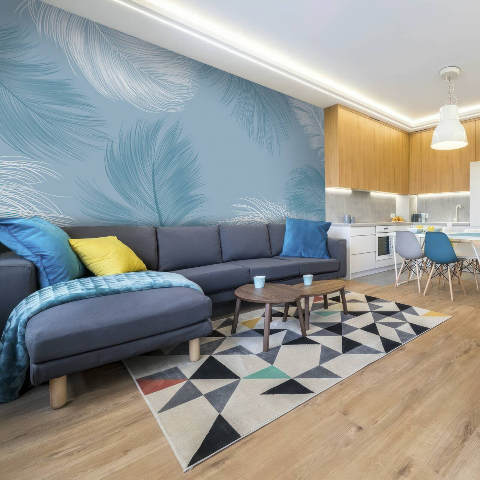 Fototapet fundal moale cu pene în culoarea cerului