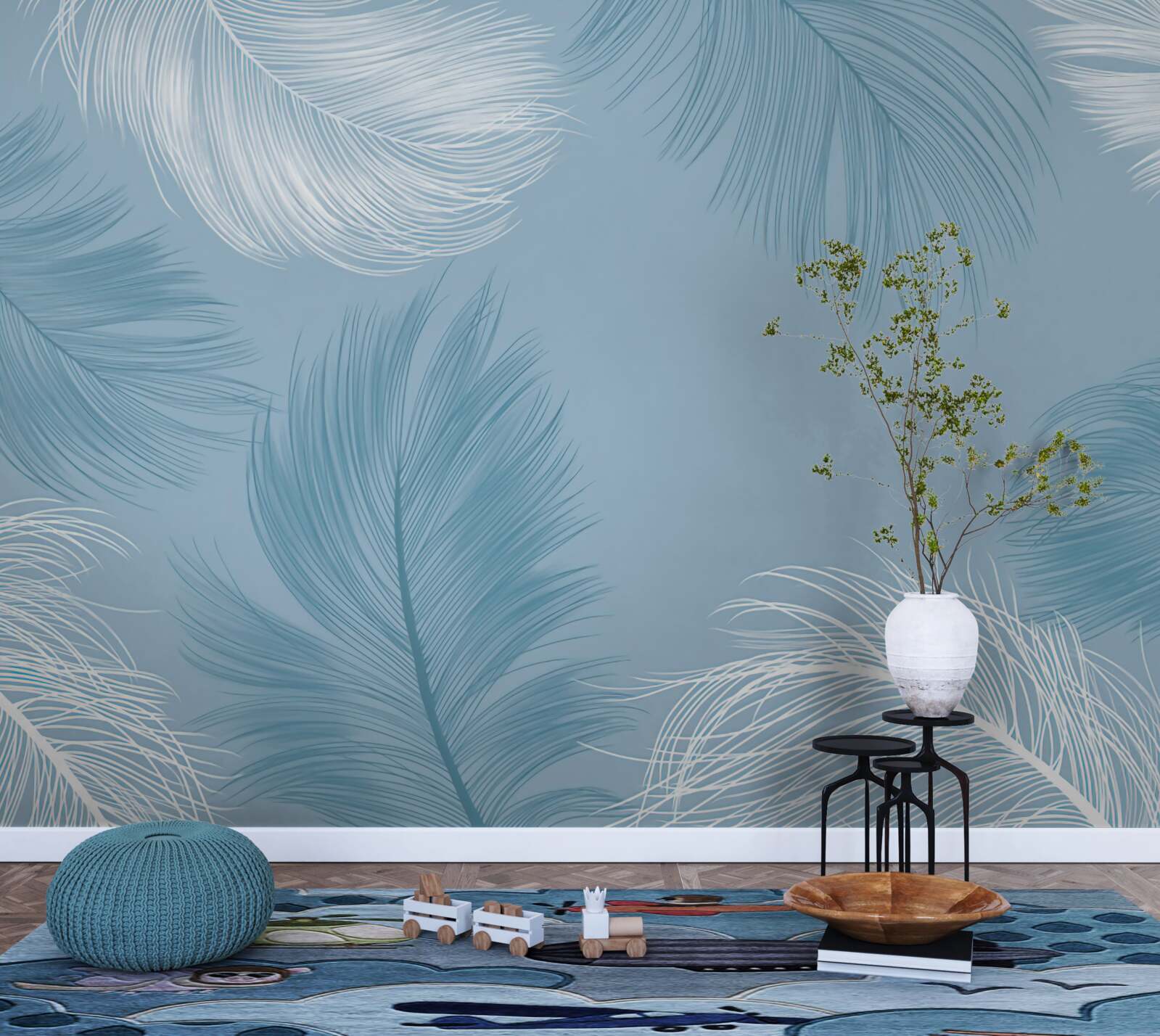 Fototapet fundal moale cu pene în culoarea cerului