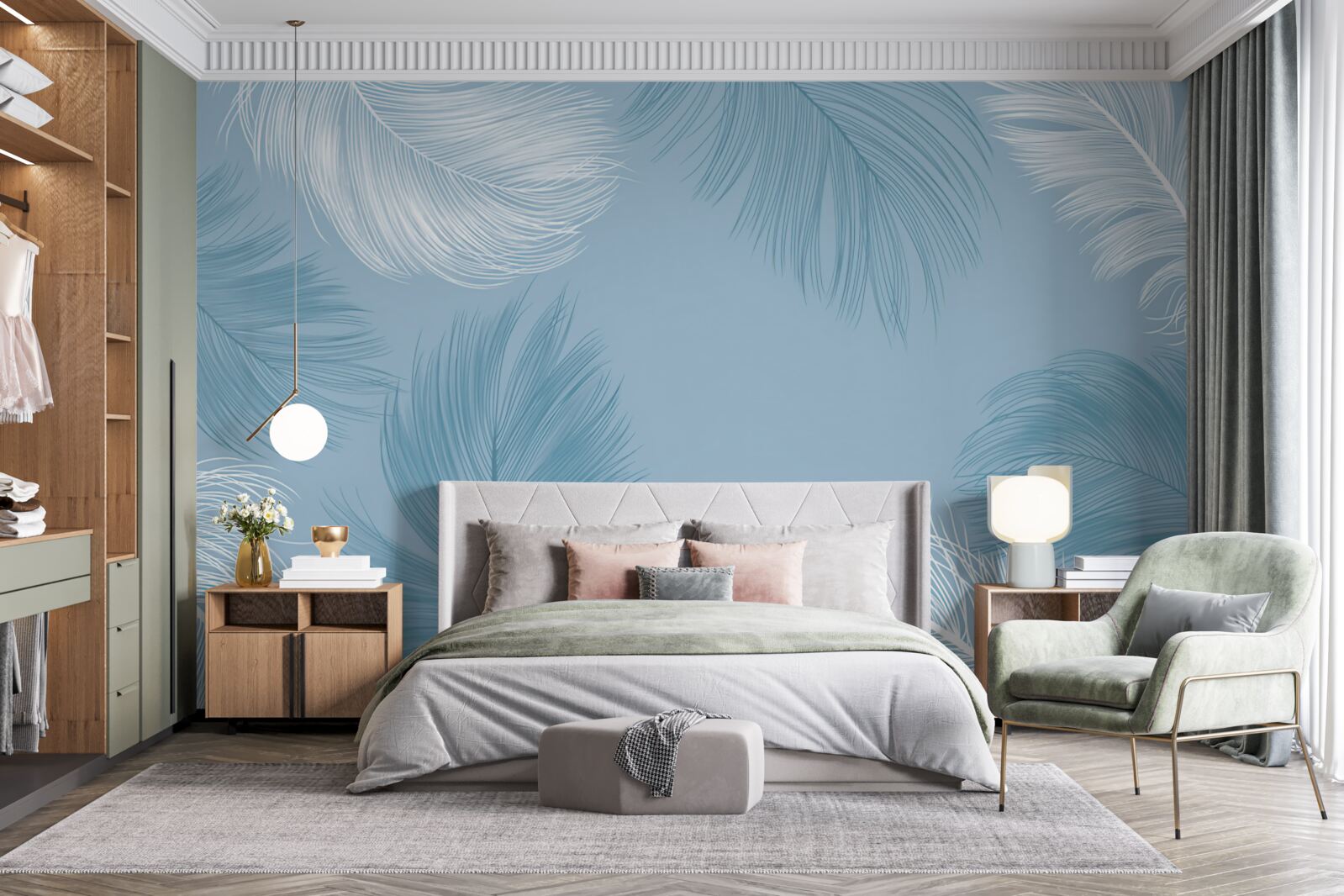 Fototapet fundal moale cu pene în culoarea cerului