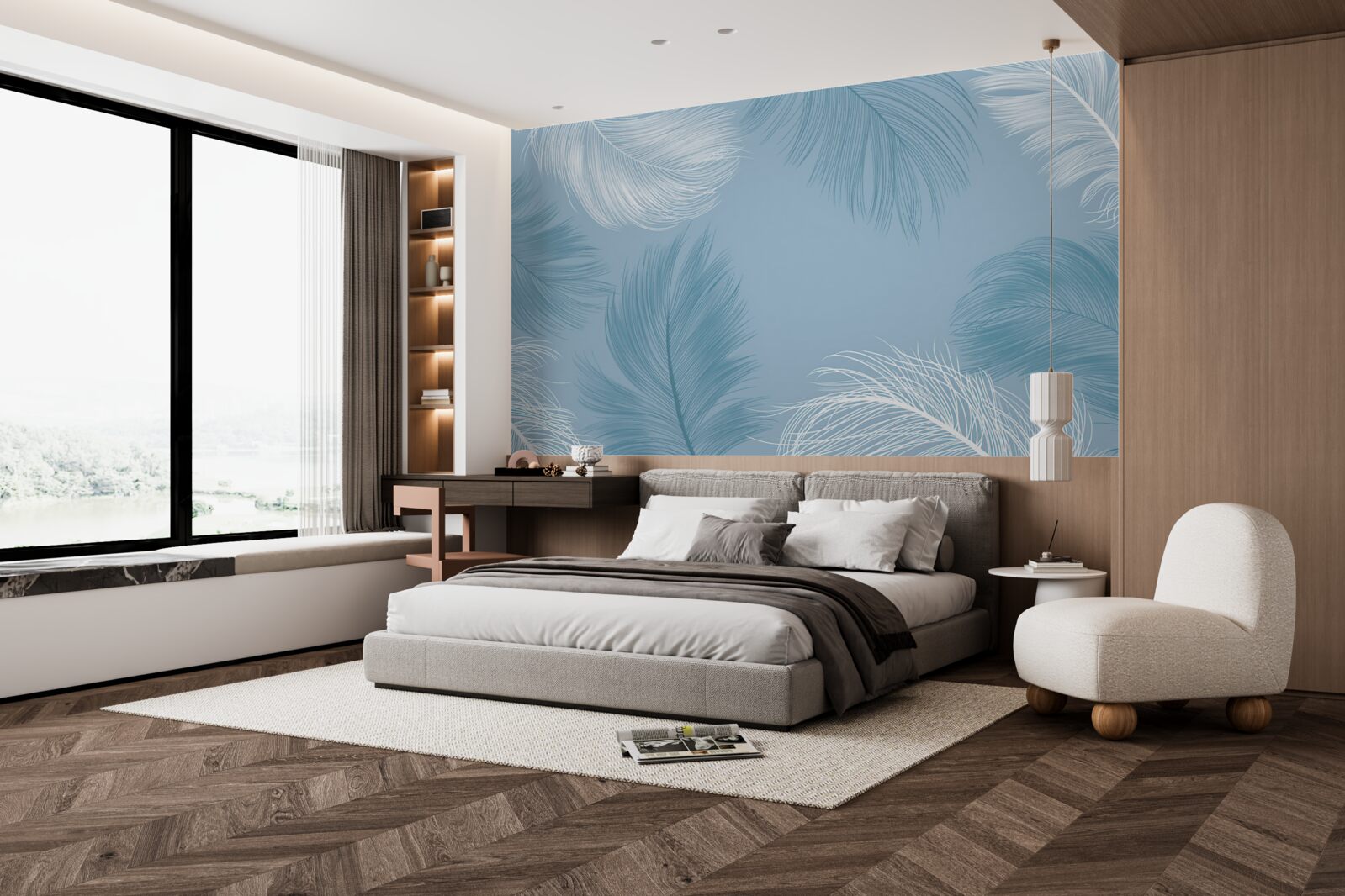 Fototapet fundal moale cu pene în culoarea cerului