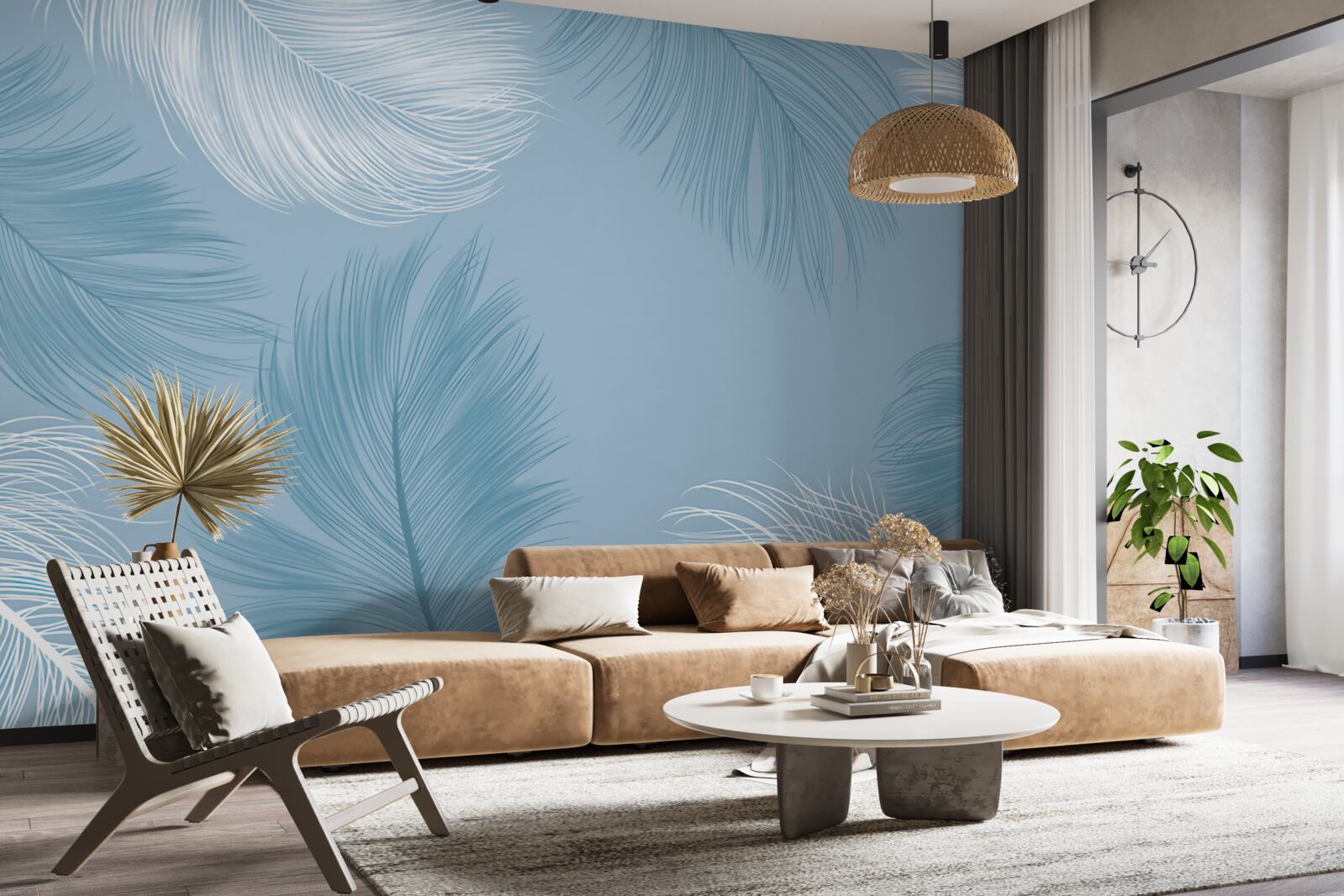 Fototapet fundal moale cu pene în culoarea cerului