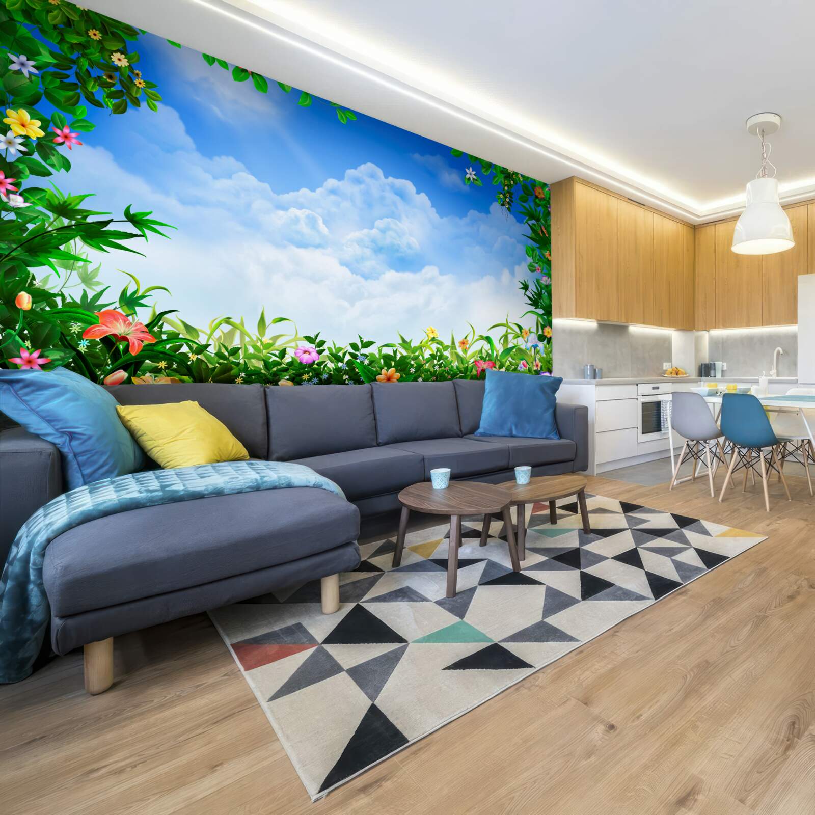 Fototapet frunzele verzi strălucesc sub norii albaștri