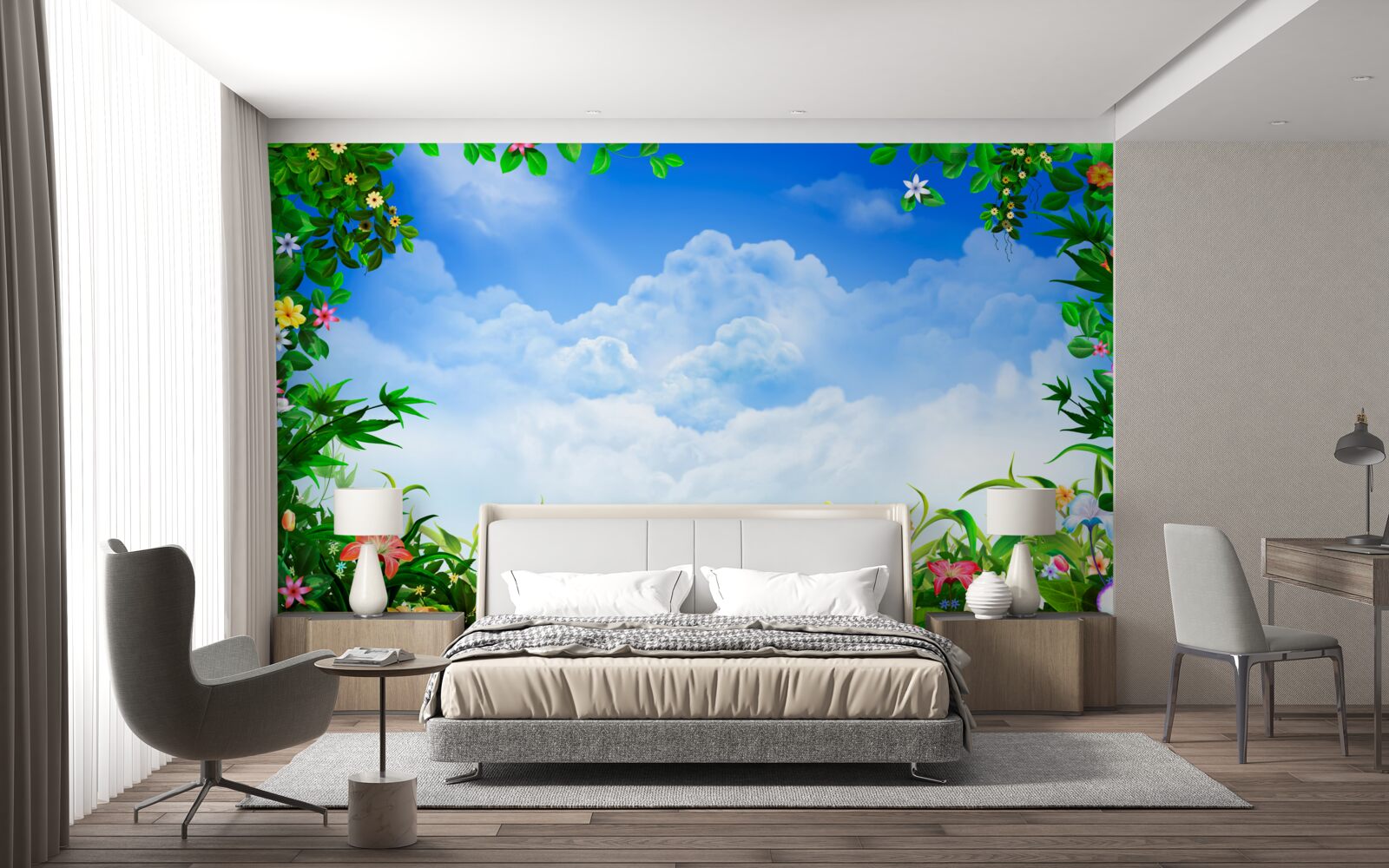 Fototapet frunzele verzi strălucesc sub norii albaștri