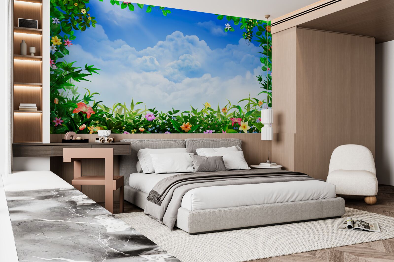 Fototapet frunzele verzi strălucesc sub norii albaștri