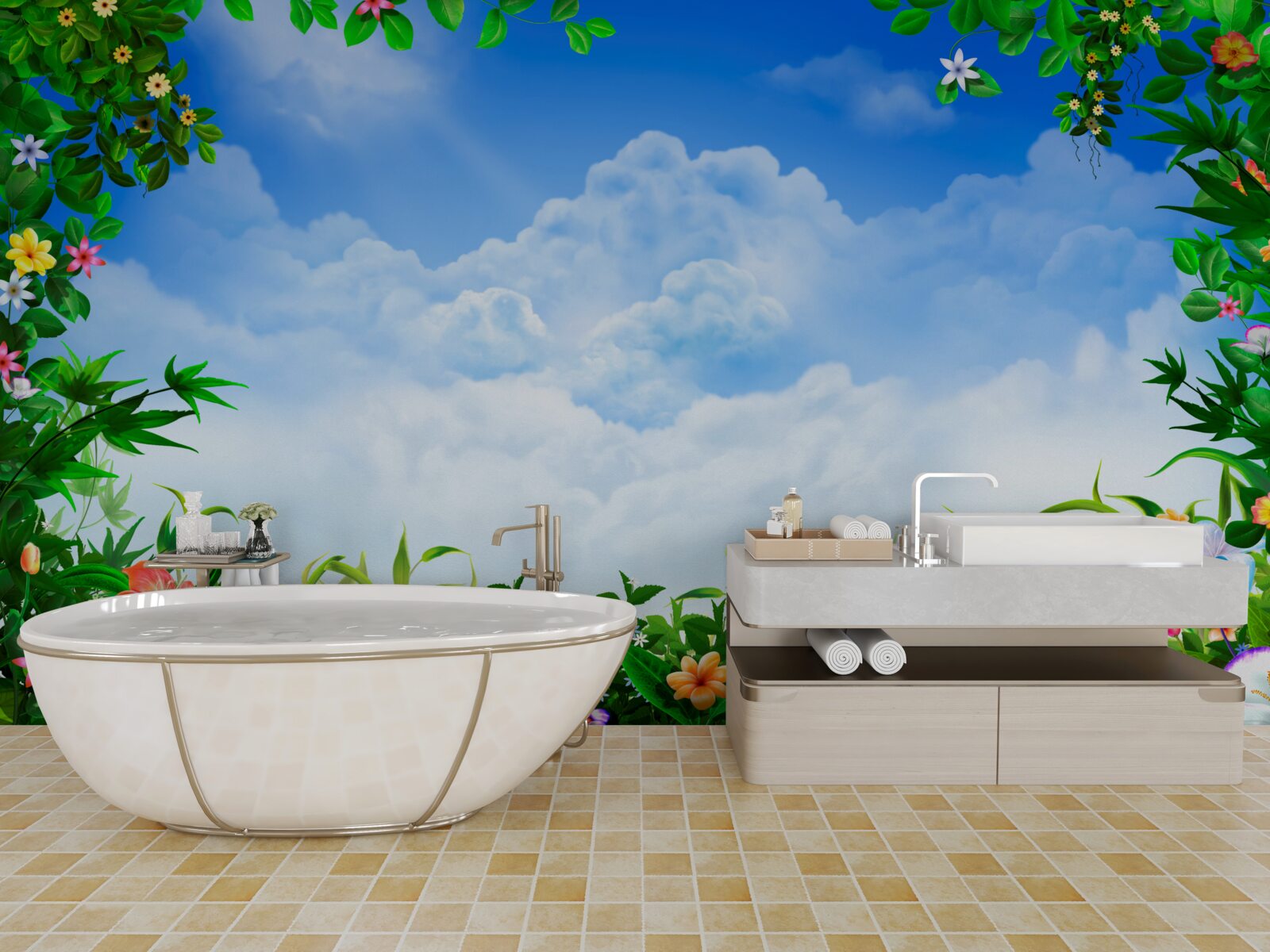 Fototapet frunzele verzi strălucesc sub norii albaștri