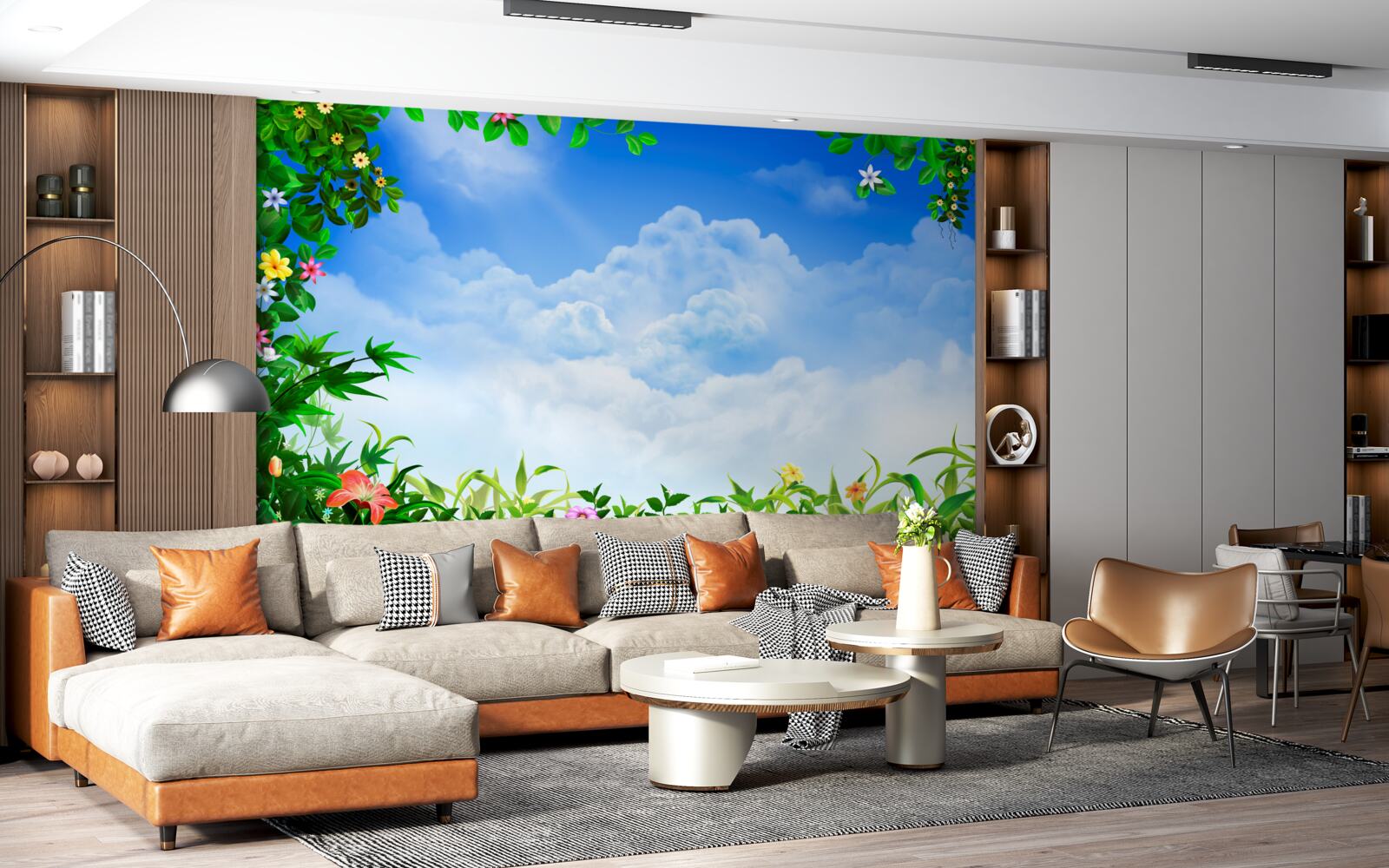 Fototapet frunzele verzi strălucesc sub norii albaștri