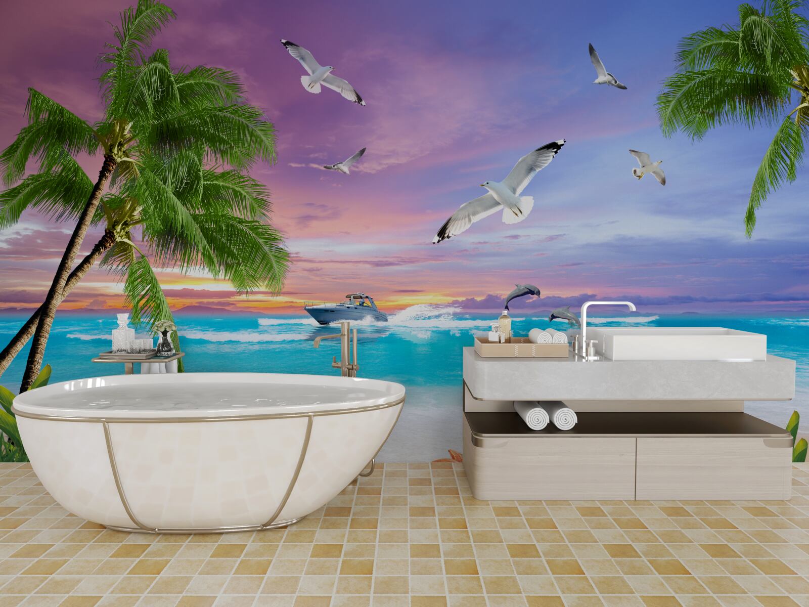 Fototapet coastă tropicală și barcă