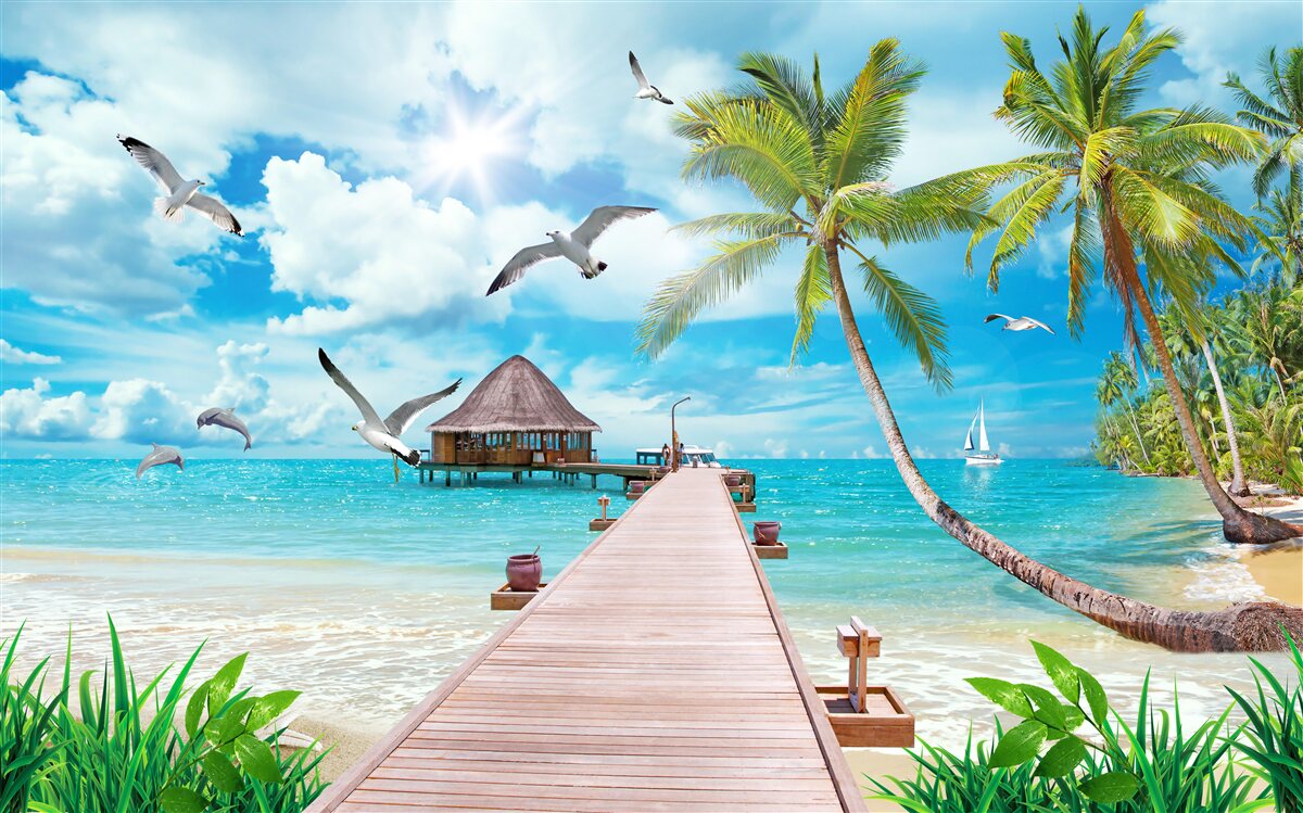 Fototapet pescăruși și un dig la malul mării