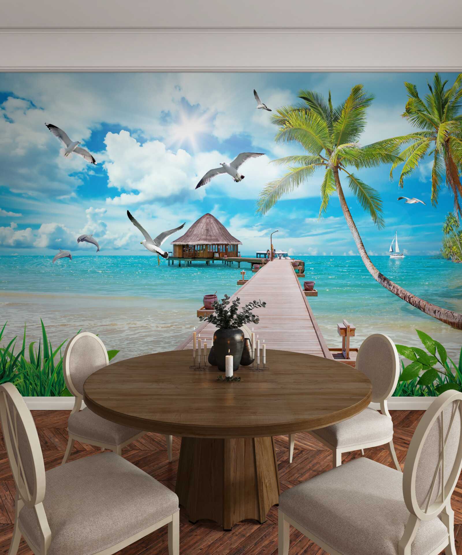 Fototapet pescăruși și un dig la malul mării