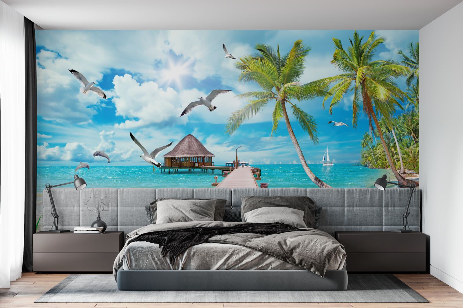 Fototapet pescăruși și un dig la malul mării