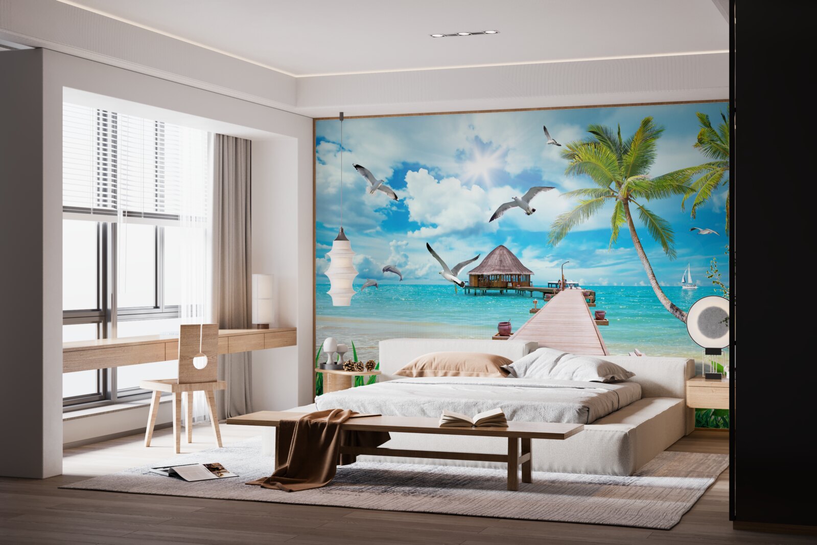 Fototapet pescăruși și un dig la malul mării