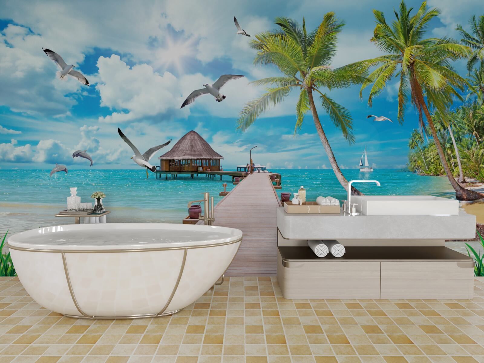 Fototapet pescăruși și un dig la malul mării