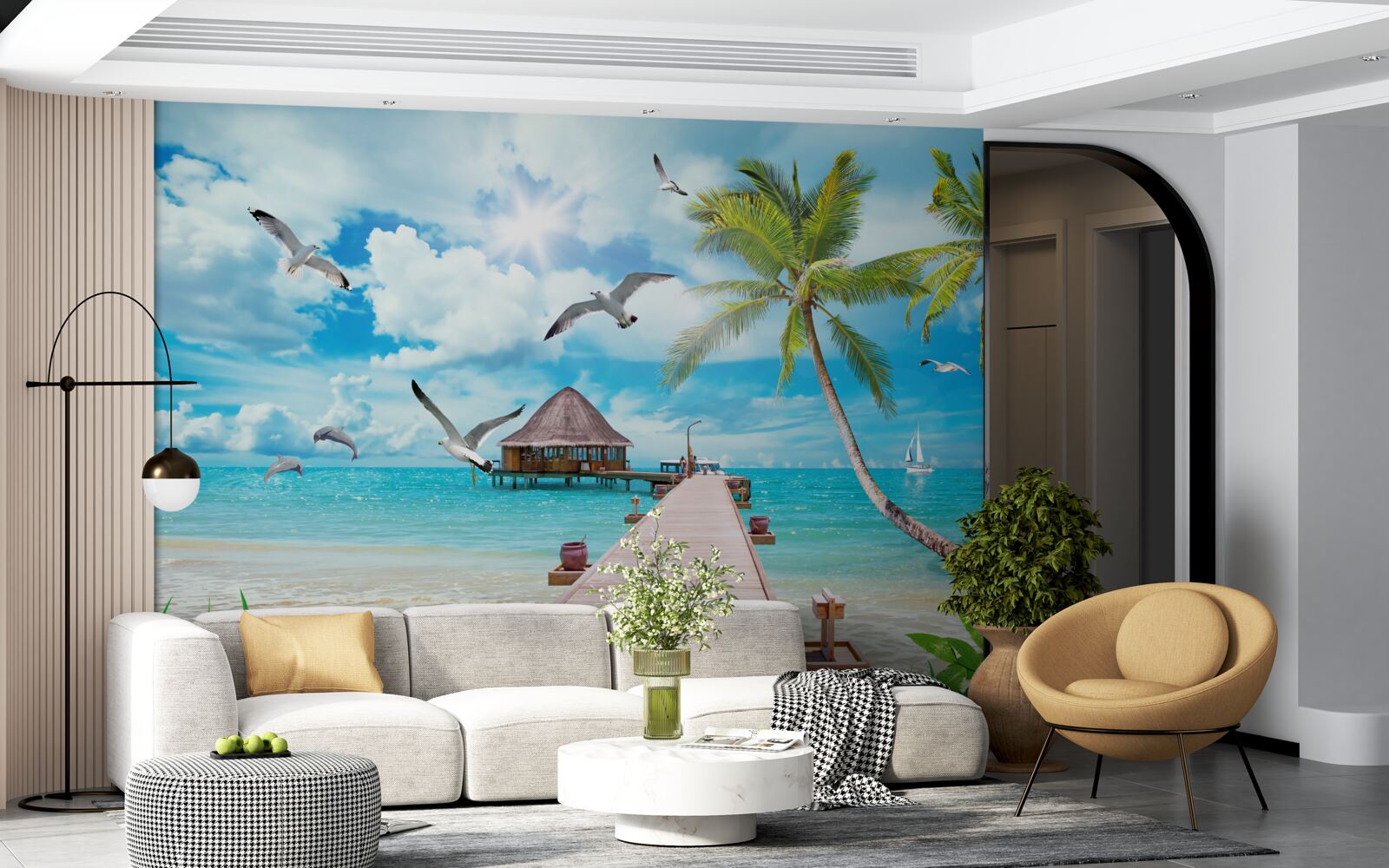 Fototapet pescăruși și un dig la malul mării