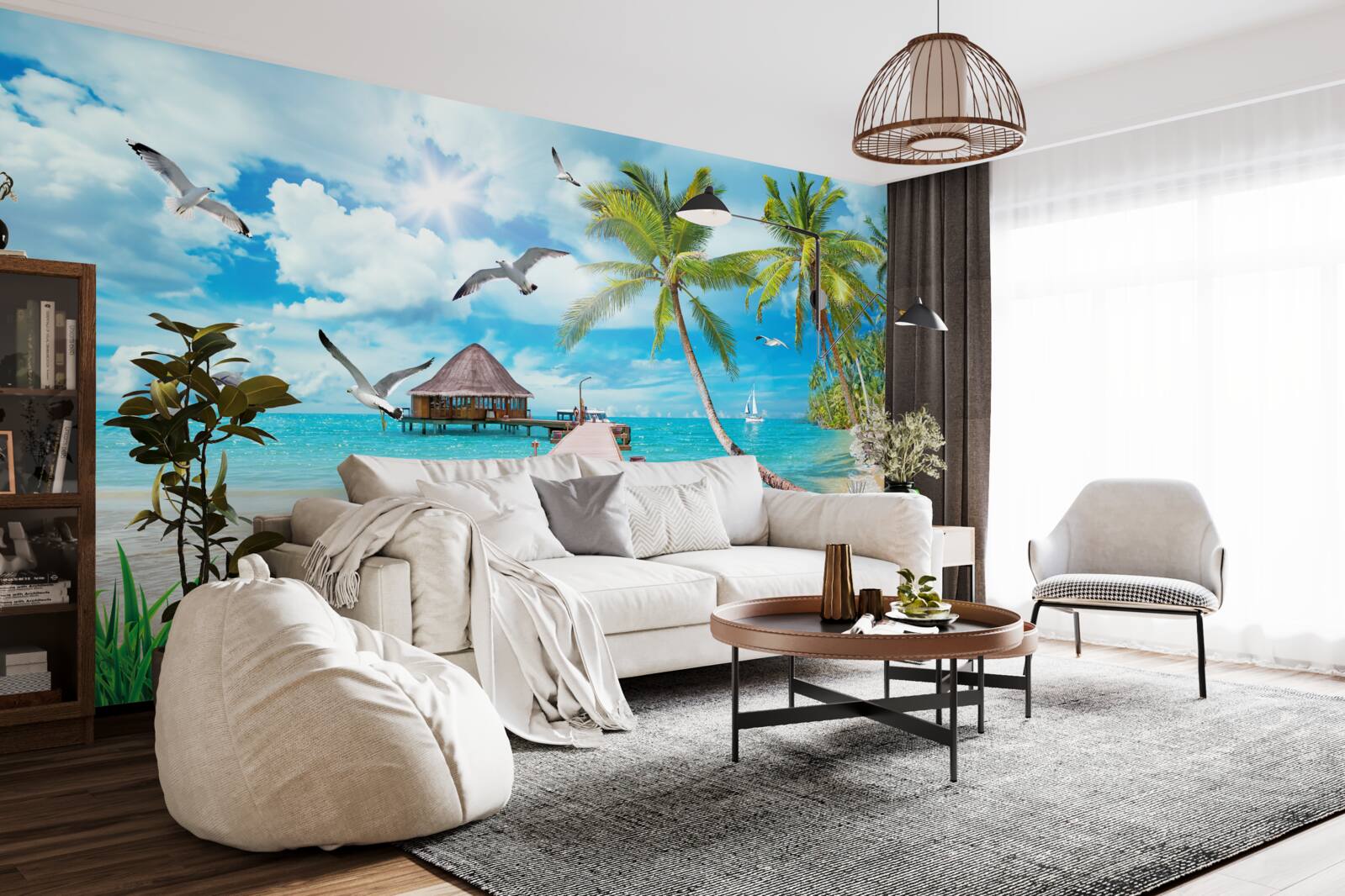 Fototapet pescăruși și un dig la malul mării