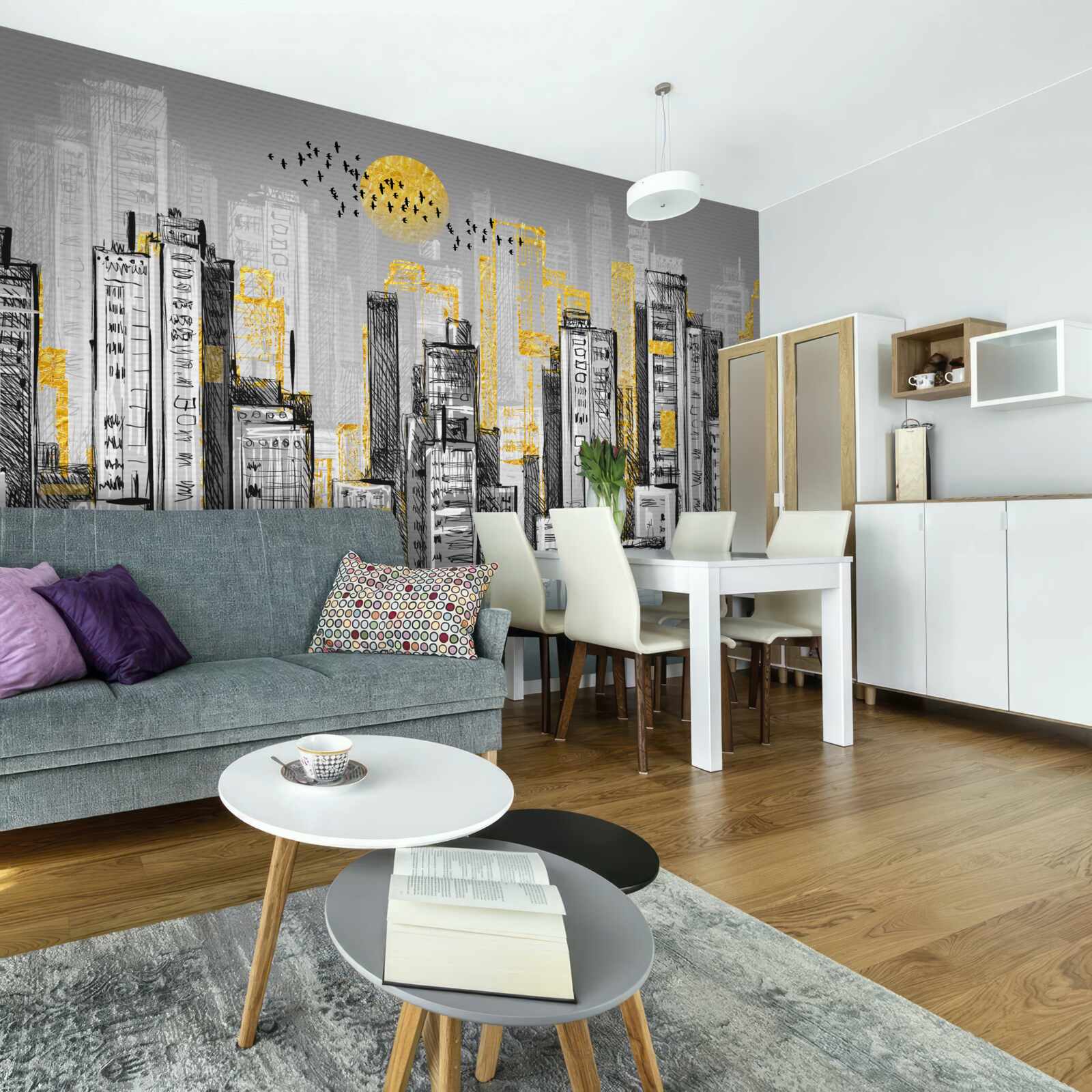 Fototapet oraș gri în lumina galbenă a serii