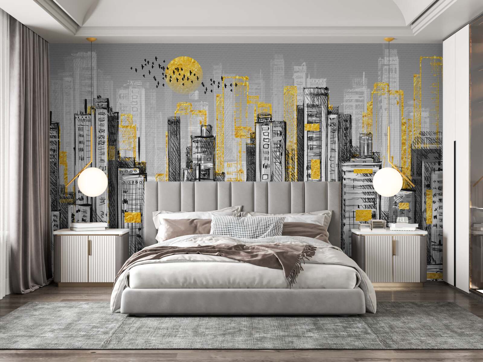 Fototapet oraș gri în lumina galbenă a serii