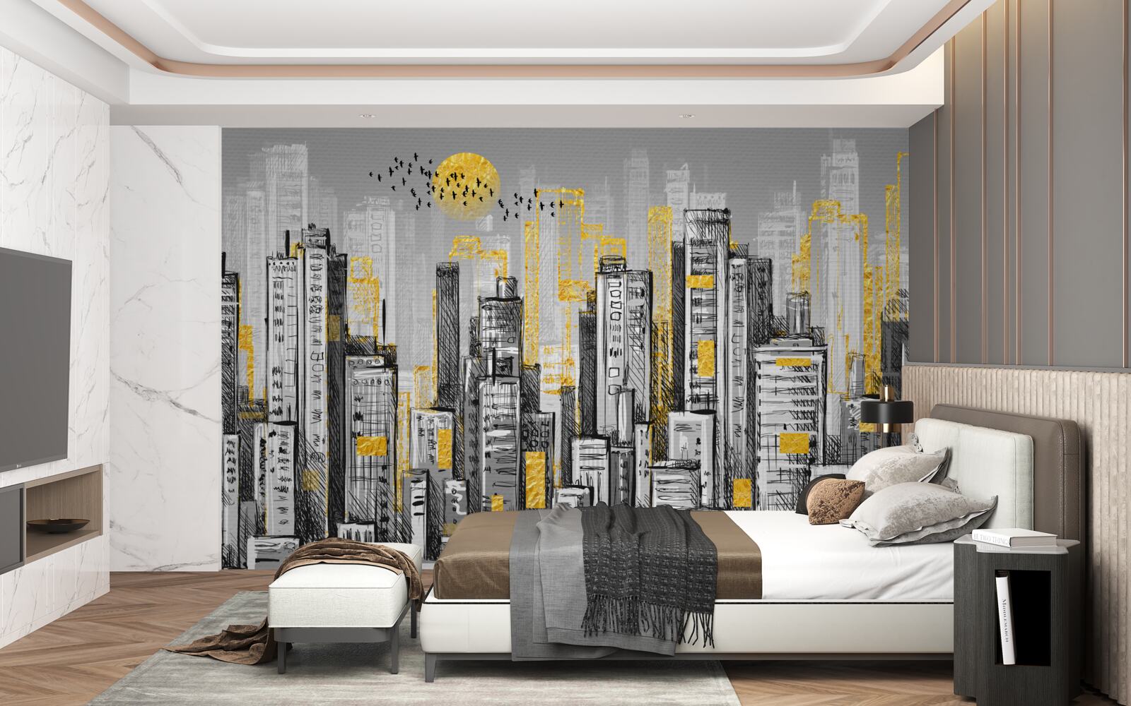 Fototapet oraș gri în lumina galbenă a serii